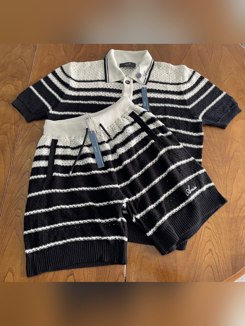 AMIRI Men's Black & White Striped Knit Shirt & Shorts Set- Size 2XL